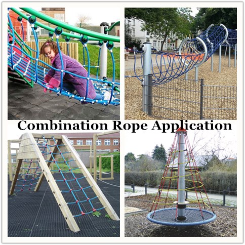 चढ़ाई जाल के लिए 16 मिमी 6 स्ट्रैंड पीईटी या पीपी आउटडोर संयोजन खेल मैदान रस्सी 13
