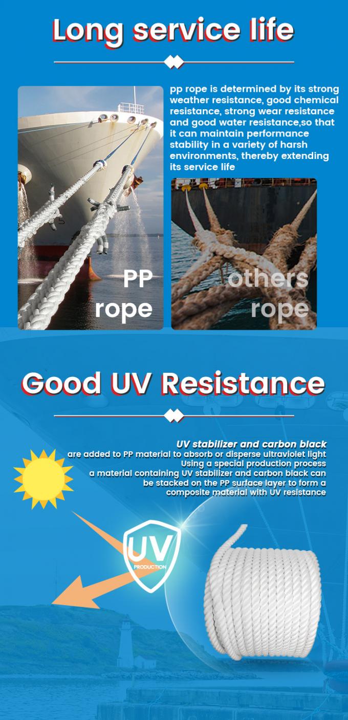 समुद्री रस्सी के लिए सफेद उच्च शक्ति पीपी पॉलीप्रोपाइलीन 8 स्ट्रैंड 64 मिमी लंगर रस्सी 9